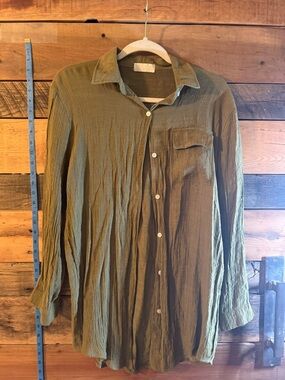 Zoye Chen Olive Green Button Down Blouse Crinkle Gauze Lightweight Shirt Shirt